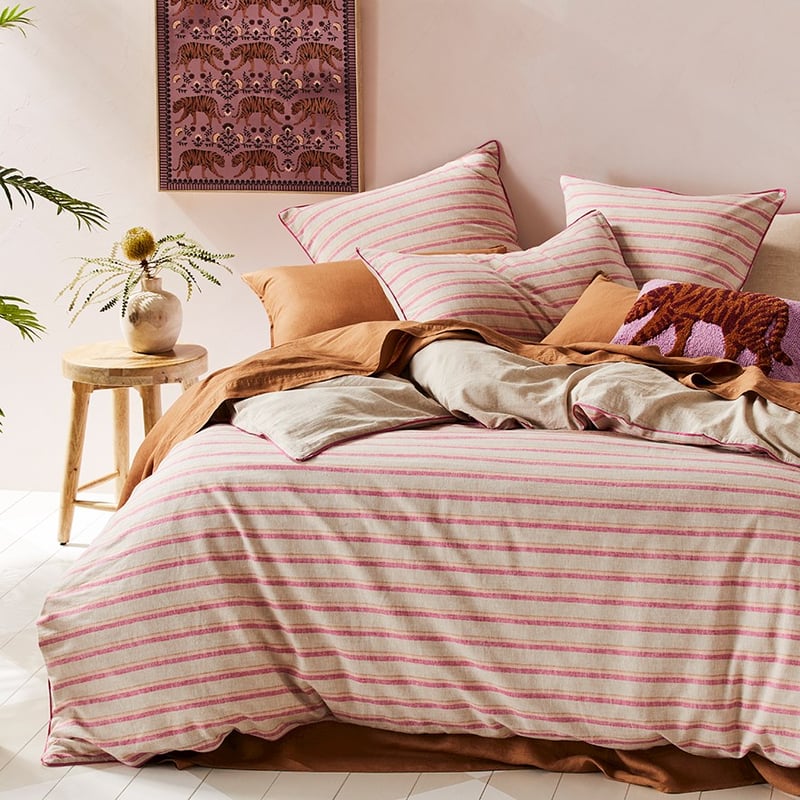 Vintage Washed Linen Raspberry Stripe Quilt Cover Set + Separates