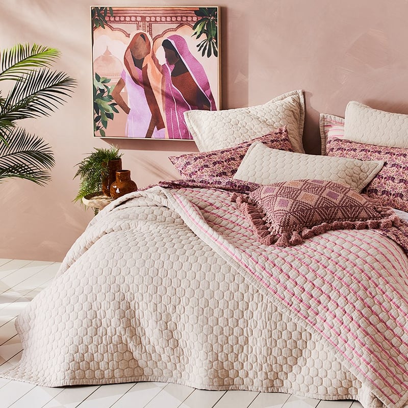 Vintage Washed Linen Natural & Raspberry Stripe Coverlet Separates