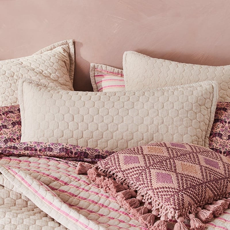 Vintage Washed Linen Natural & Raspberry Stripe Coverlet Separates