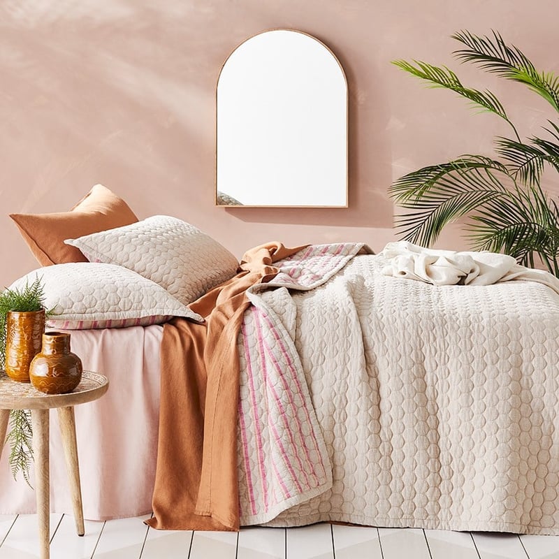 Vintage Washed Linen Natural & Raspberry Stripe Coverlet Separates