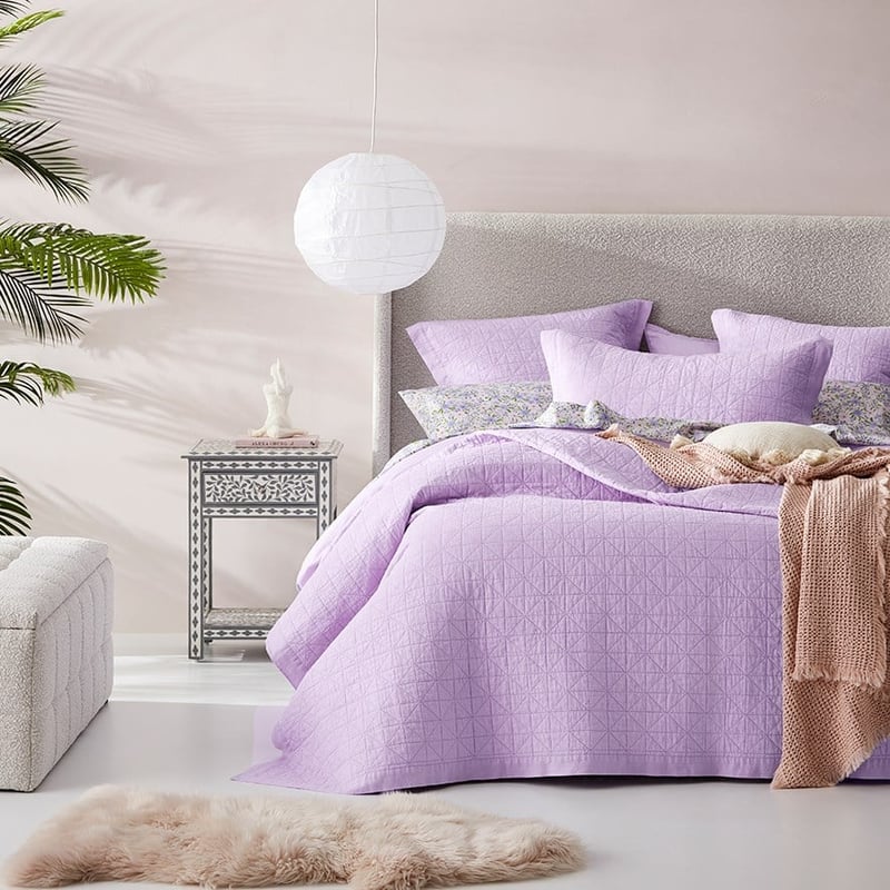 Vintage Washed Linen Pastel Lilac Quilted Coverlet Separates