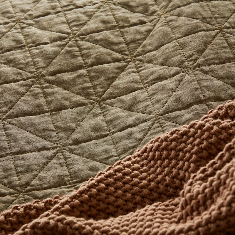 Vintage Washed Linen Soft Olive Quilted Coverlet Separates