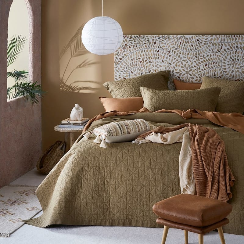 Vintage Washed Linen Soft Olive Quilted Coverlet Separates