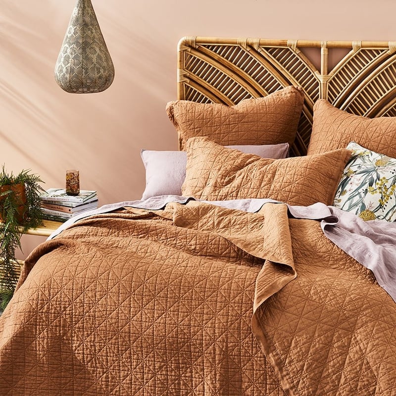 Vintage Washed Linen Caramel Quilted Coverlet Separates