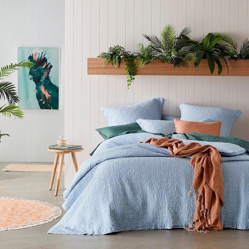 Vintage Washed Linen Dusty Blue Quilted Coverlet Separates