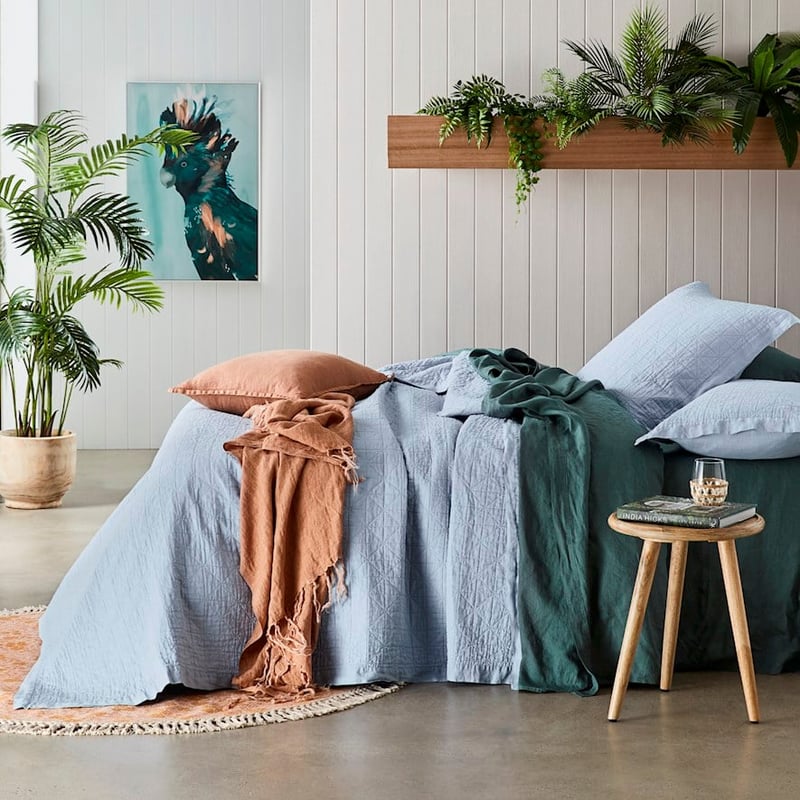 Vintage Washed Linen Dusty Blue Quilted Coverlet Separates