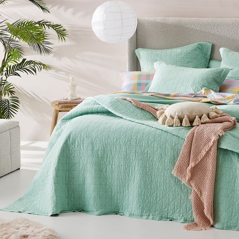 Vintage Washed Linen Dusty Mint Quilted Coverlet Separates