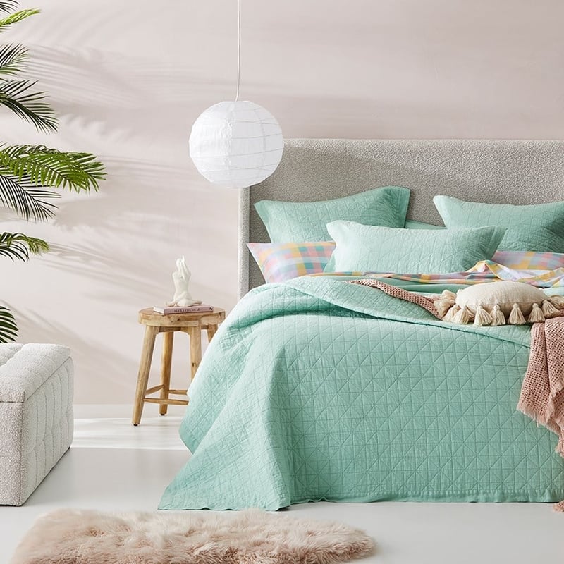 Vintage Washed Linen Dusty Mint Quilted Coverlet Separates