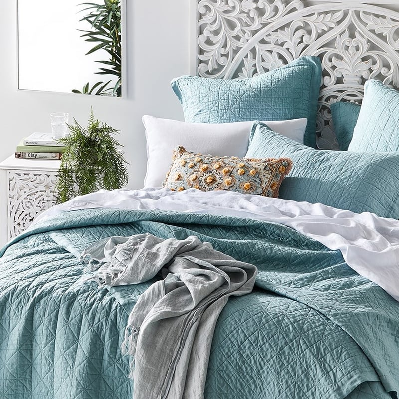Vintage Washed Linen Seafoam Quilted Coverlet Separates