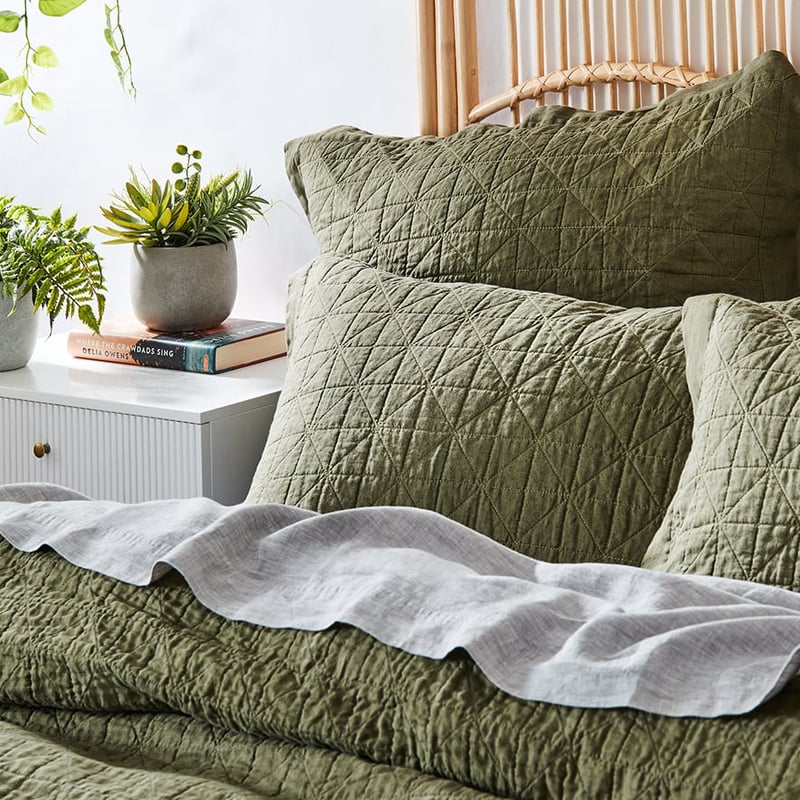 Vintage Washed Linen Moss Quilted Quilt Cover Separates