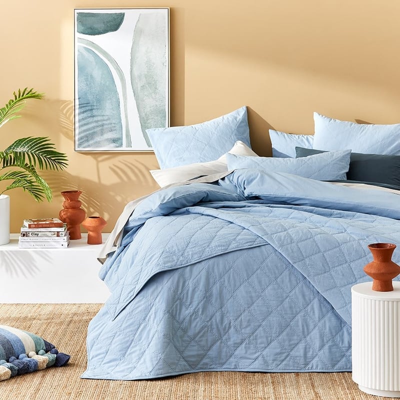 Stonewashed Cotton Sea Blue Quilted Coverlet Separates