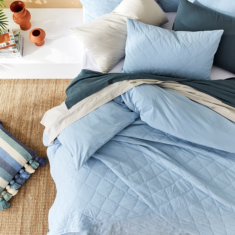 Stonewashed Cotton Sea Blue Quilted Coverlet Separates