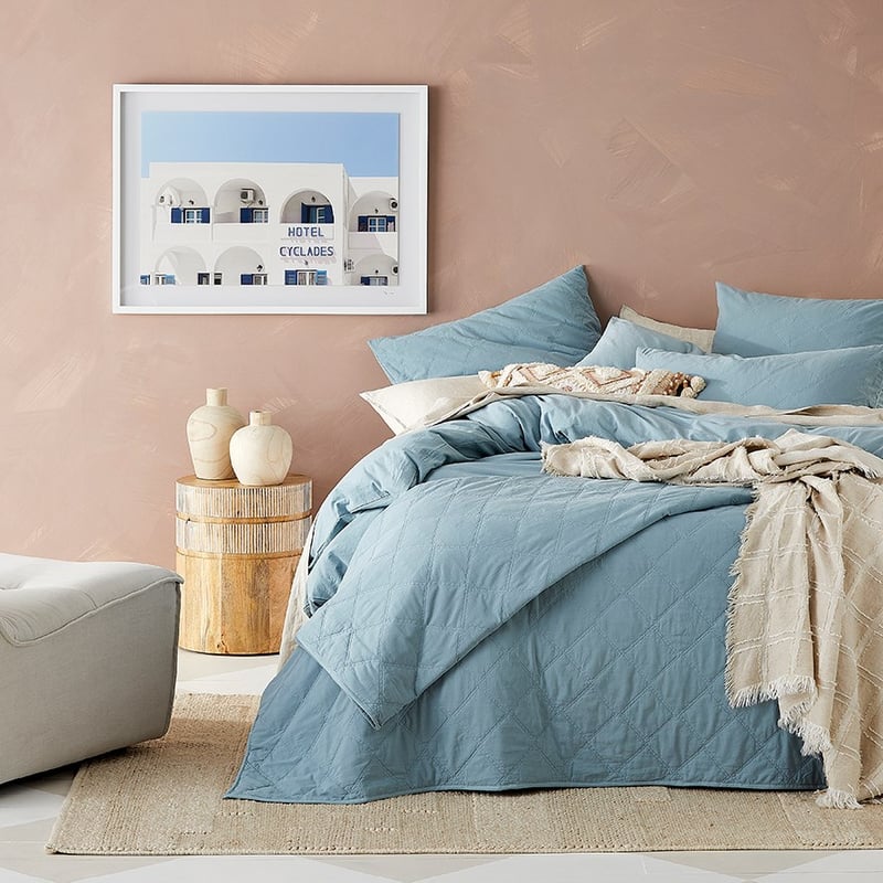 Stonewashed Cotton Blue Grey Quilted Coverlet Separates
