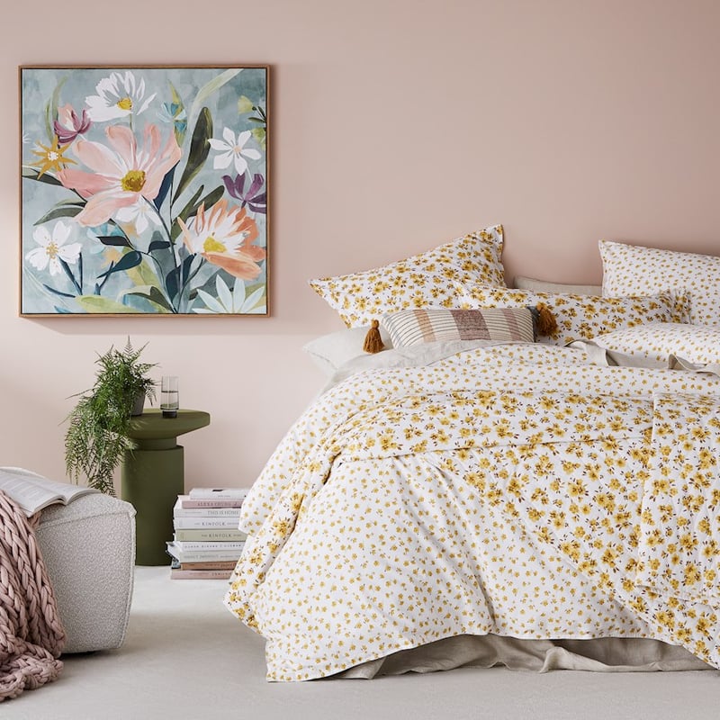 Stonewashed Printed Cotton Mustard Floral Quilt Cover Separates