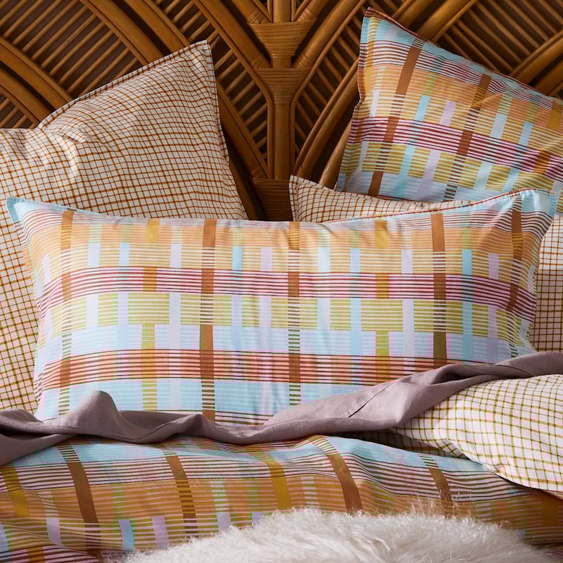 Stonewashed Printed Cotton Mustard Grid Quilt Cover Separates