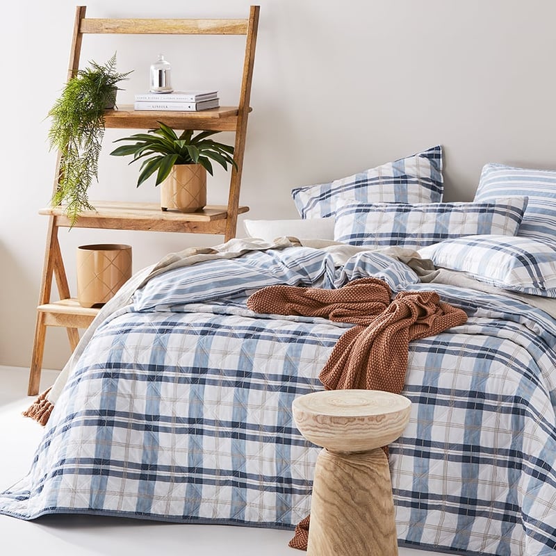 Stonewashed Cotton Printed Blue Check Quilted Coverlet Separates