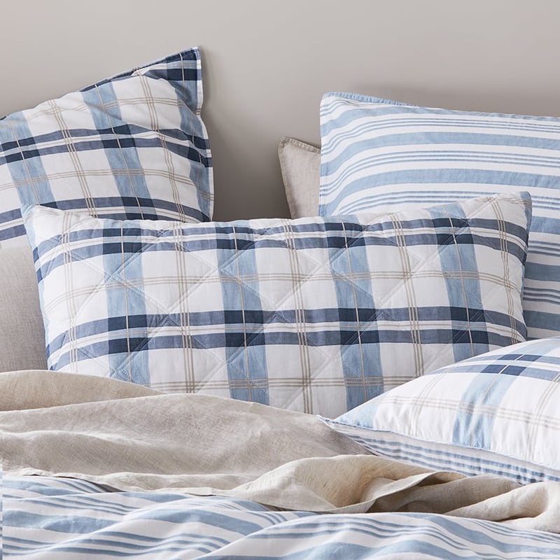Stonewashed Cotton Printed Blue Check Quilted Coverlet Separates
