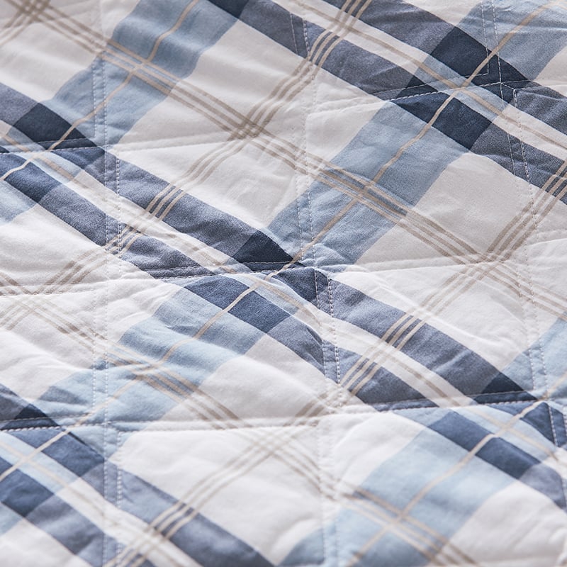 Stonewashed Cotton Printed Blue Check Quilted Coverlet Separates