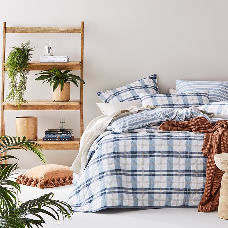 Stonewashed Cotton Printed Blue Check Quilted Coverlet Separates