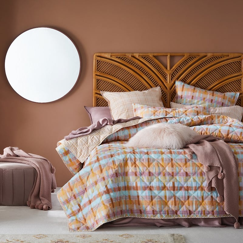 Stonewashed Cotton Printed Mustard Grid Quilted Coverlet Separates