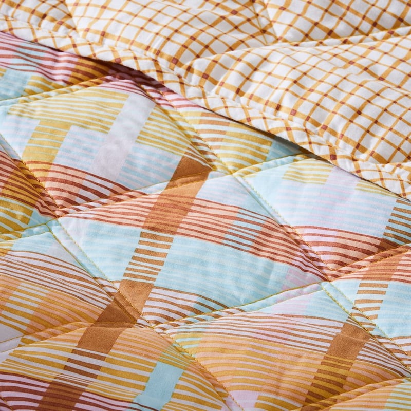 Stonewashed Cotton Printed Mustard Grid Quilted Coverlet Separates