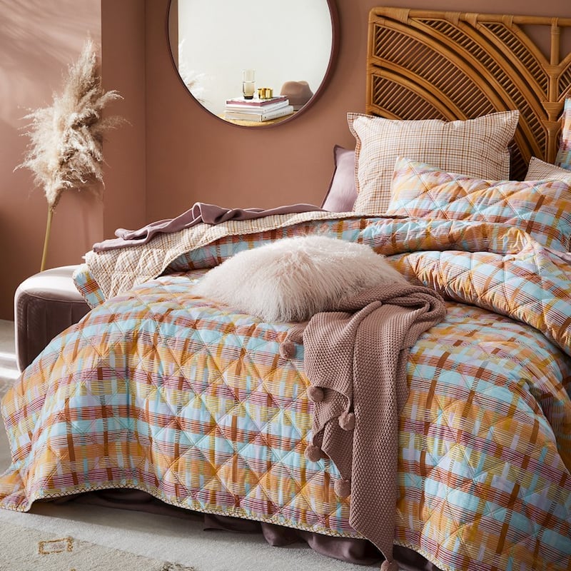 Stonewashed Cotton Printed Mustard Grid Quilted Coverlet Separates