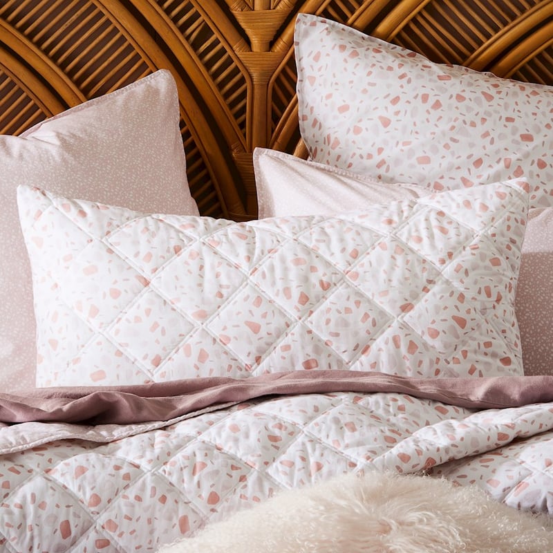 Stonewashed Cotton Printed Pink Terazzo Quilted Coverlet Separates