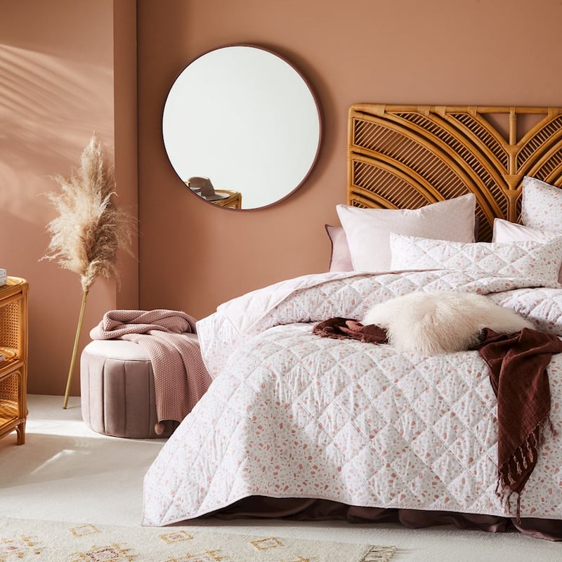 Stonewashed Cotton Printed Pink Terazzo Quilted Coverlet Separates