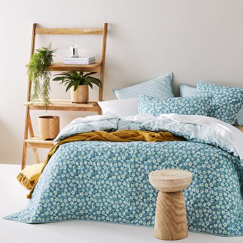 Stonewashed Cotton Printed Sage Daisy Quilted Coverlet Separates