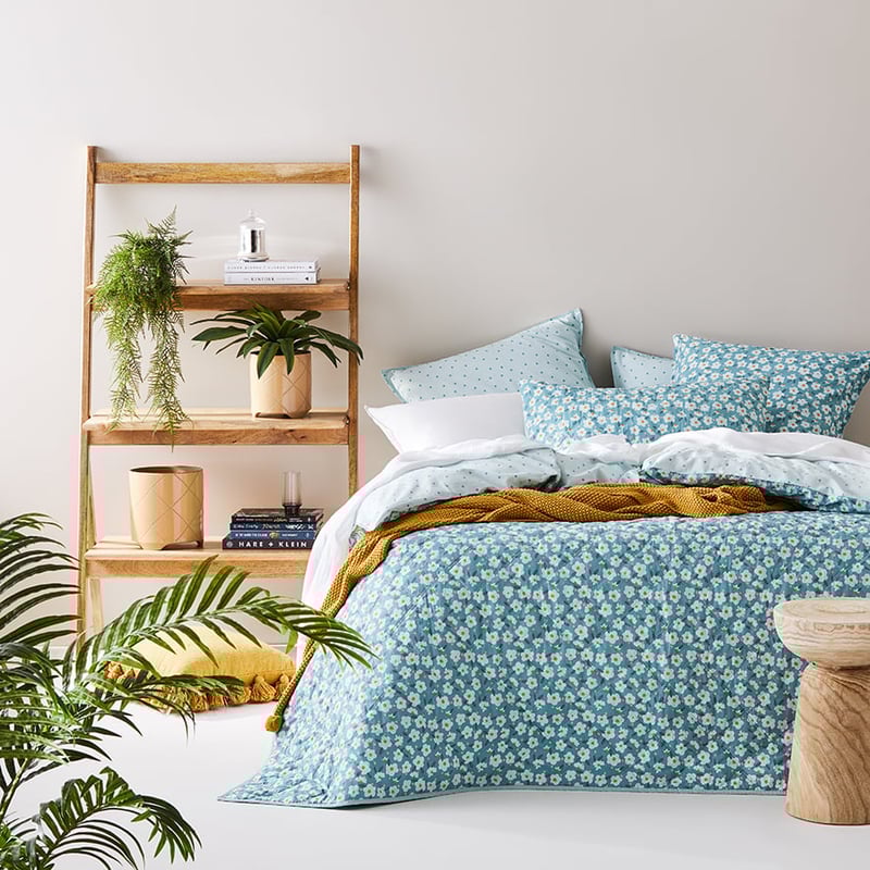 Stonewashed Cotton Printed Sage Daisy Quilted Coverlet Separates