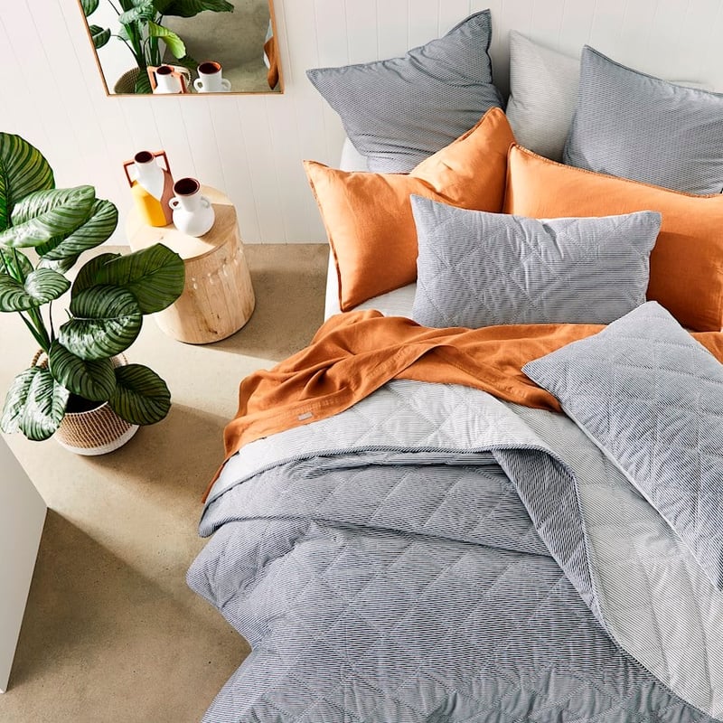 Stonewashed Cotton Printed Navy Stripe Quilted Coverlet Separates