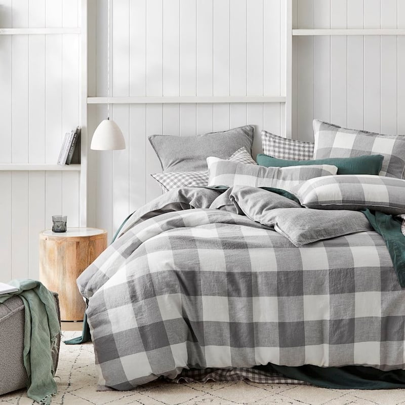 Vintage Washed Linen Large Grey Marle Check Quilt Cover Separates