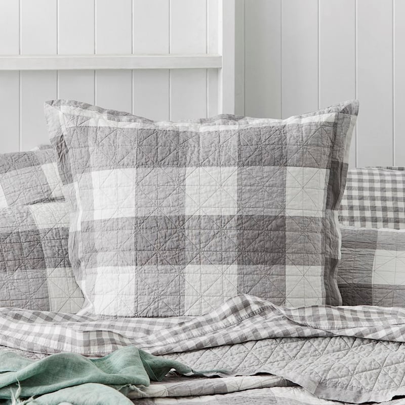 Vintage Washed Linen Large Grey Marle Check Quilted Coverlet Separates