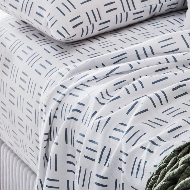 Printed Dusty Blue Geo Flannelette Sheet Set