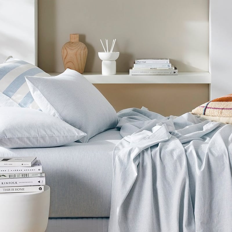 Vintage Washed Linen Sky Blue Stripe Sheet Set