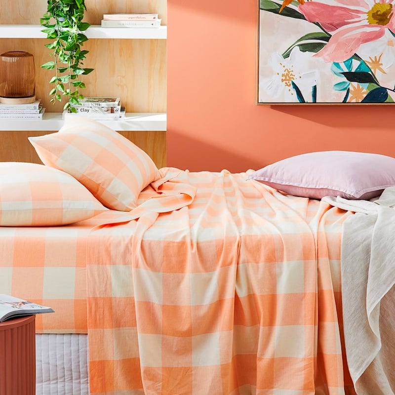 Vintage Washed Linen Peach Check Sheet Set