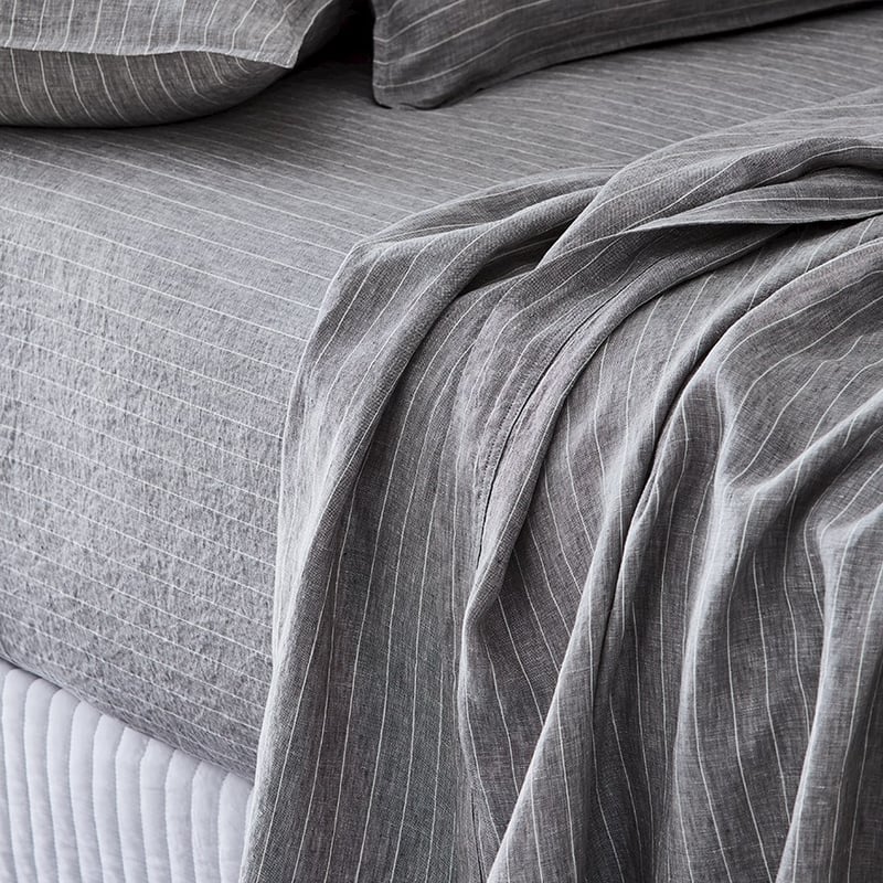 Vintage Washed Linen Grey Marle & White Stripe Sheet Separates