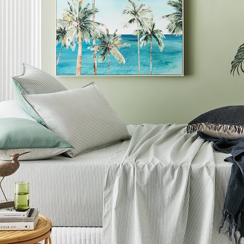 Stonewashed Printed Cotton Greenery Stripe Sheet Separates