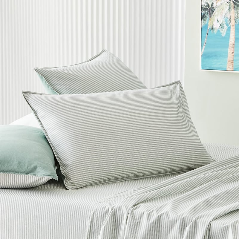 Stonewashed Printed Cotton Greenery Stripe Sheet Separates