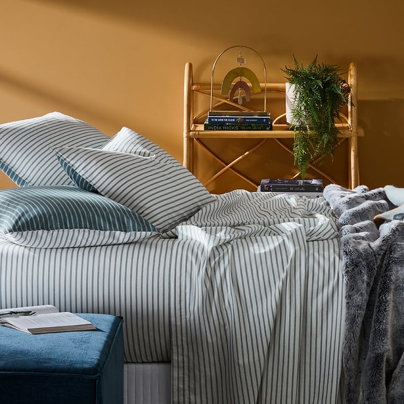 Stonewashed Printed Cotton Sage Stripe Sheet Separates