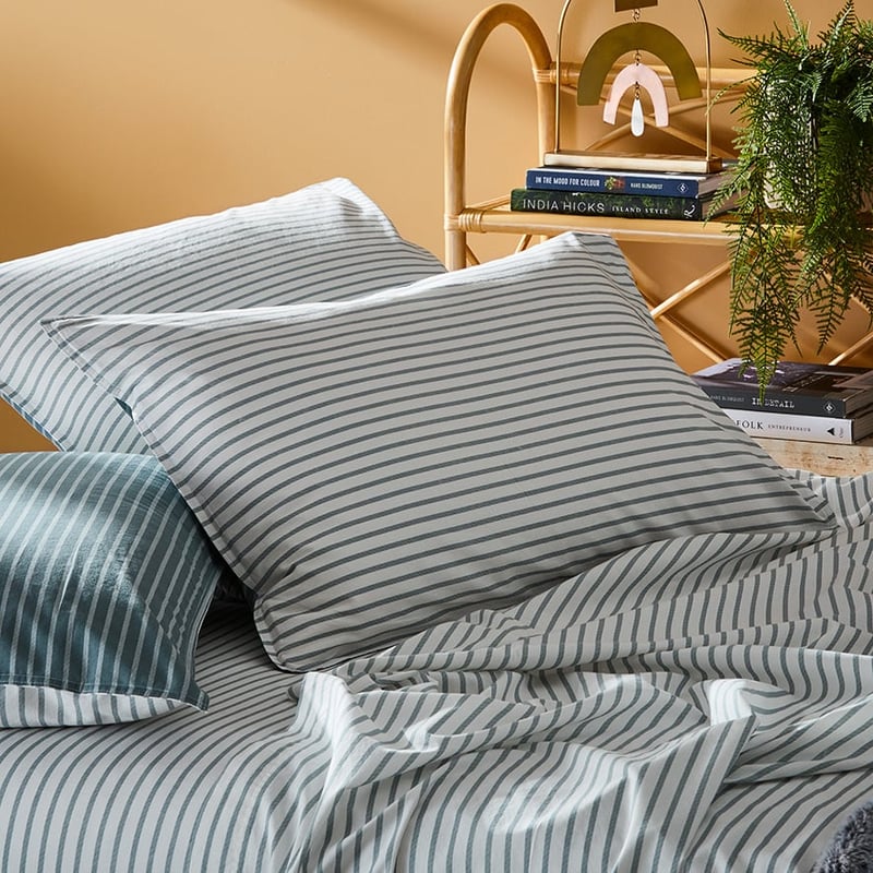 Stonewashed Printed Cotton Sage Stripe Sheet Separates