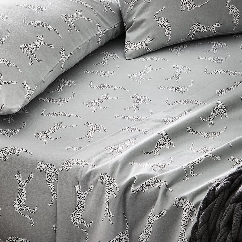 Novelty Printed Flannelette Grey Cheetah Sheet Set