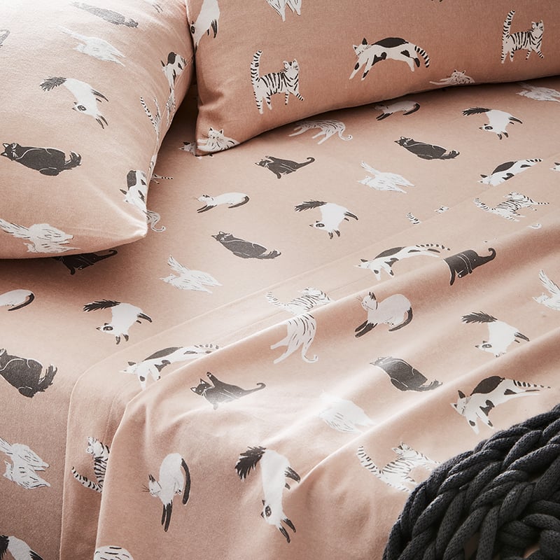 Novelty Printed Flannelette Pink Kitty Sheet Set