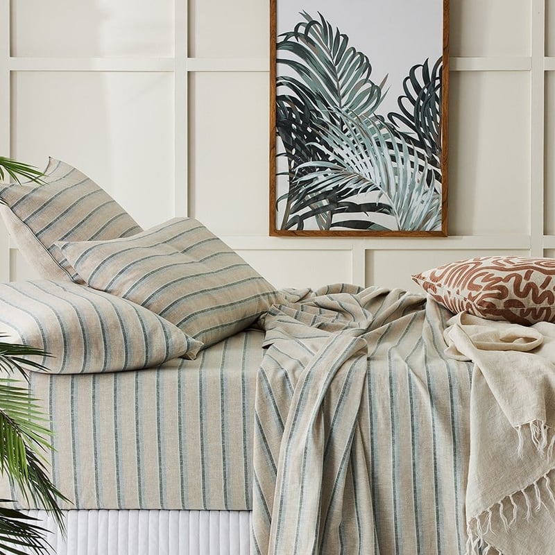 Vintage Washed Linen Cloud Blue Stripe Sheet Set