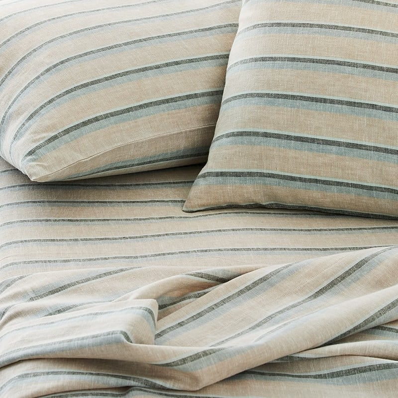 Vintage Washed Linen Cloud Blue Stripe Sheet Set
