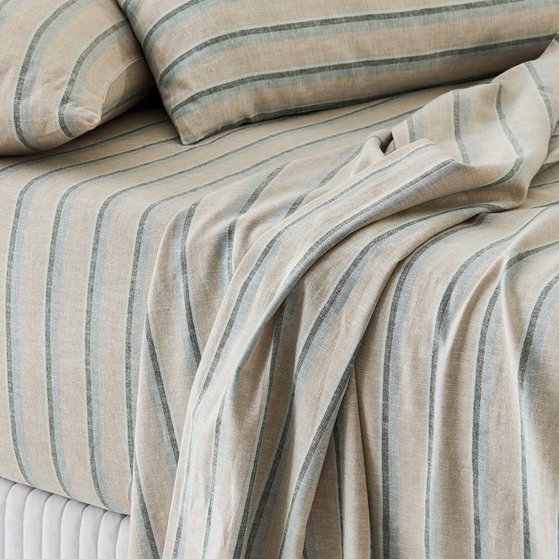 Vintage Washed Linen Cloud Blue Stripe Sheet Set