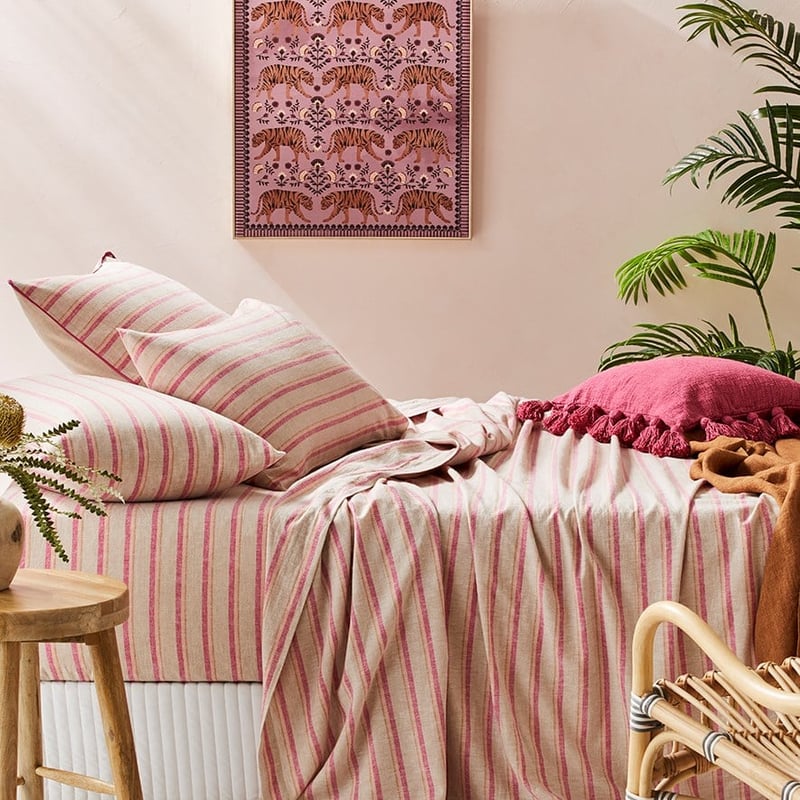 Vintage Washed Linen Raspberry Stripe Sheet Set