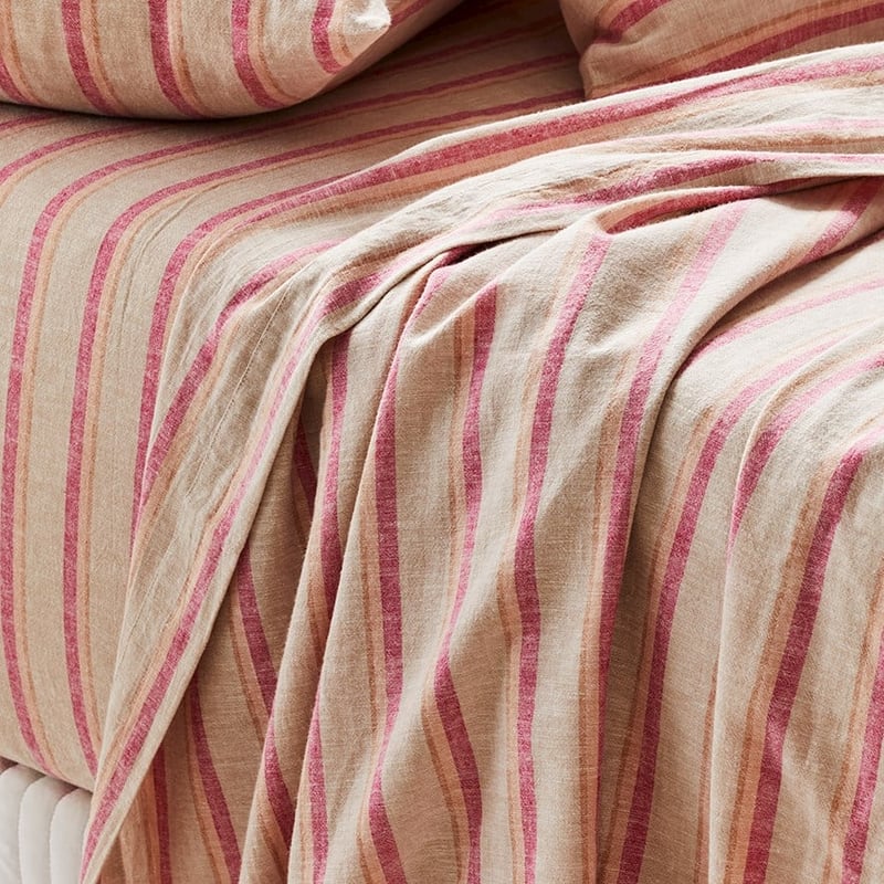 Vintage Washed Linen Raspberry Stripe Sheet Set