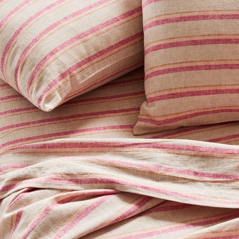 Vintage Washed Linen Raspberry Stripe Sheet Set