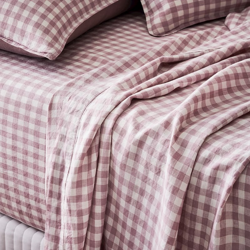 Vintage Washed Linen Dusty Mauve Check Sheet Set